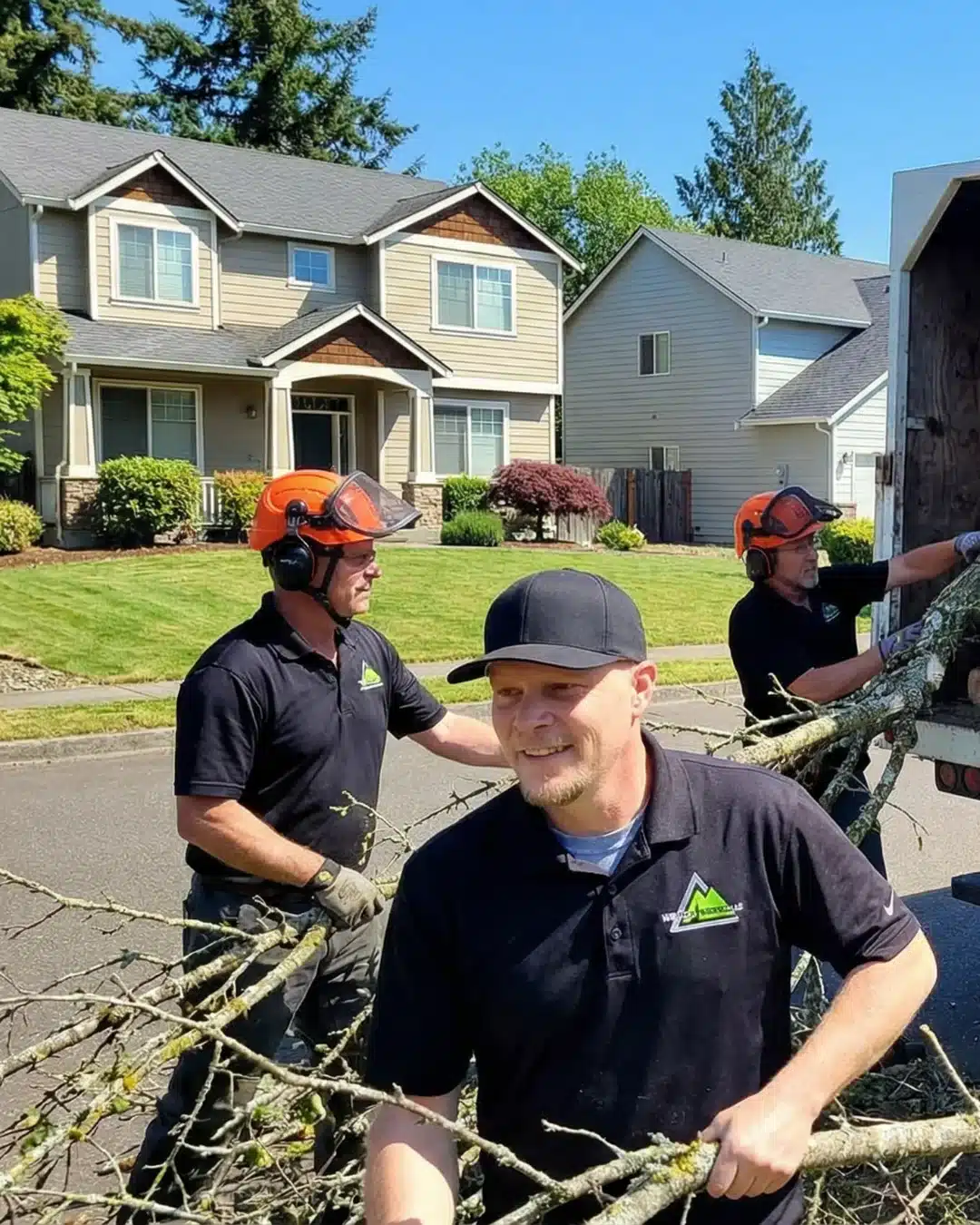 Publications 2 welch tree service crew loading tree branches onto a truck after residential tree removal